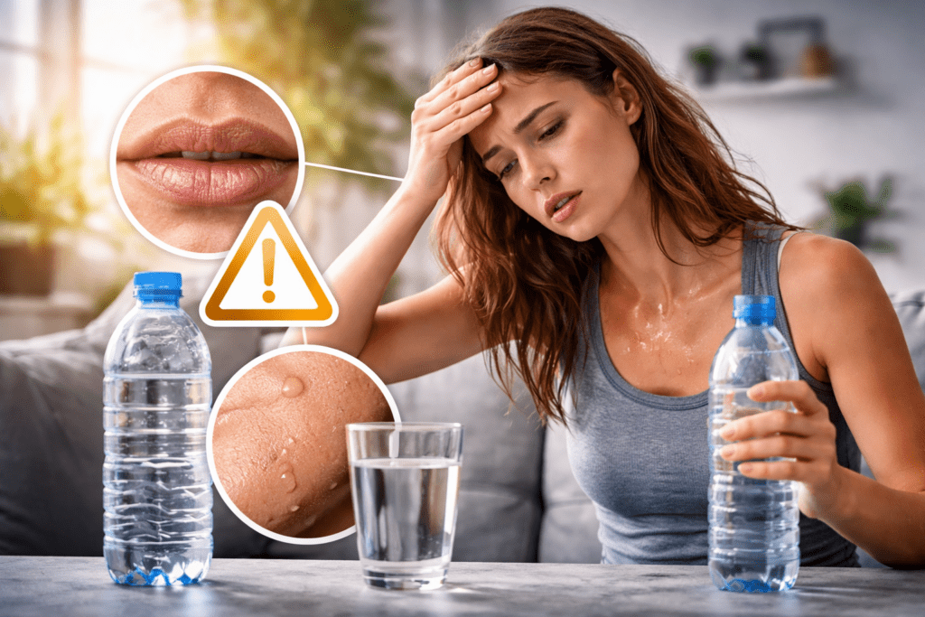 Frau zeigt Anzeichen von Dehydration durch zu wenig Wasser trinken