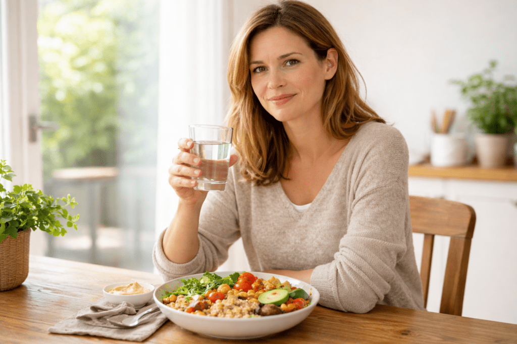 Zwei Hände halten ein Blutzucker-Messgerät in einer hellen, ruhigen Umgebung