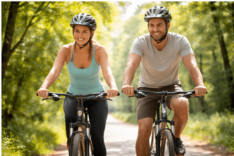 Zwei Erwachsene fahren gemeinsam Fahrrad auf einem sonnigen Waldweg