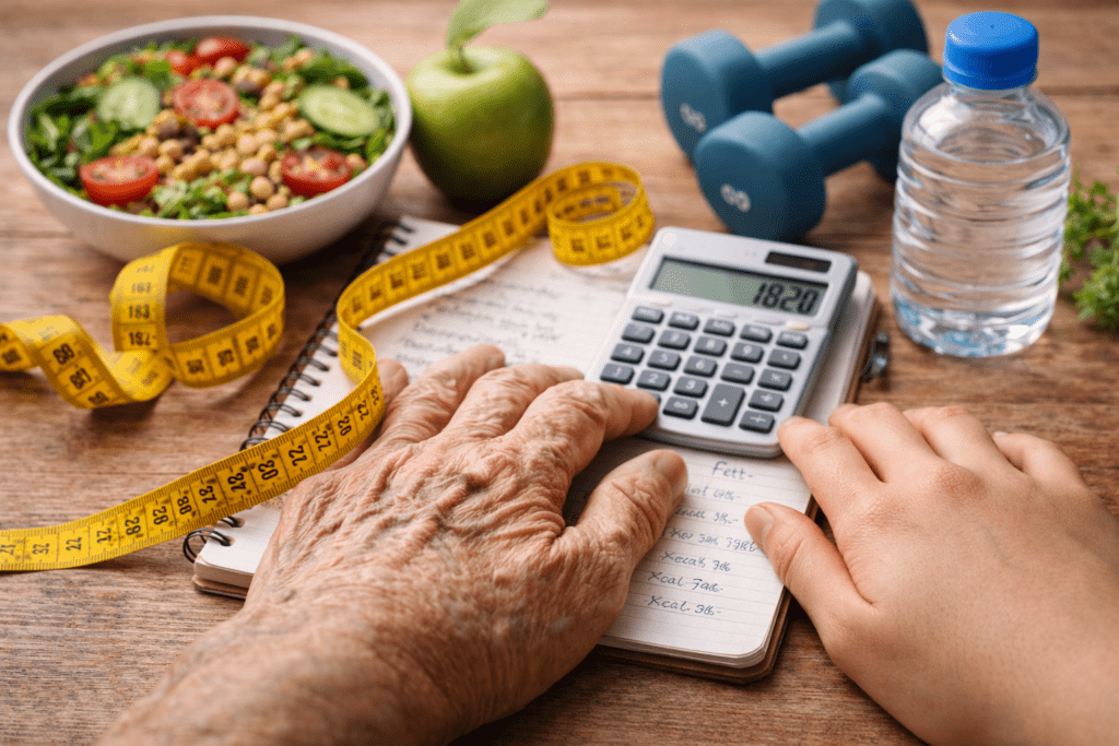 Einfluss des Alters auf den Grundumsatz mit Händen von jung und alt sowie Kalorienberechnung