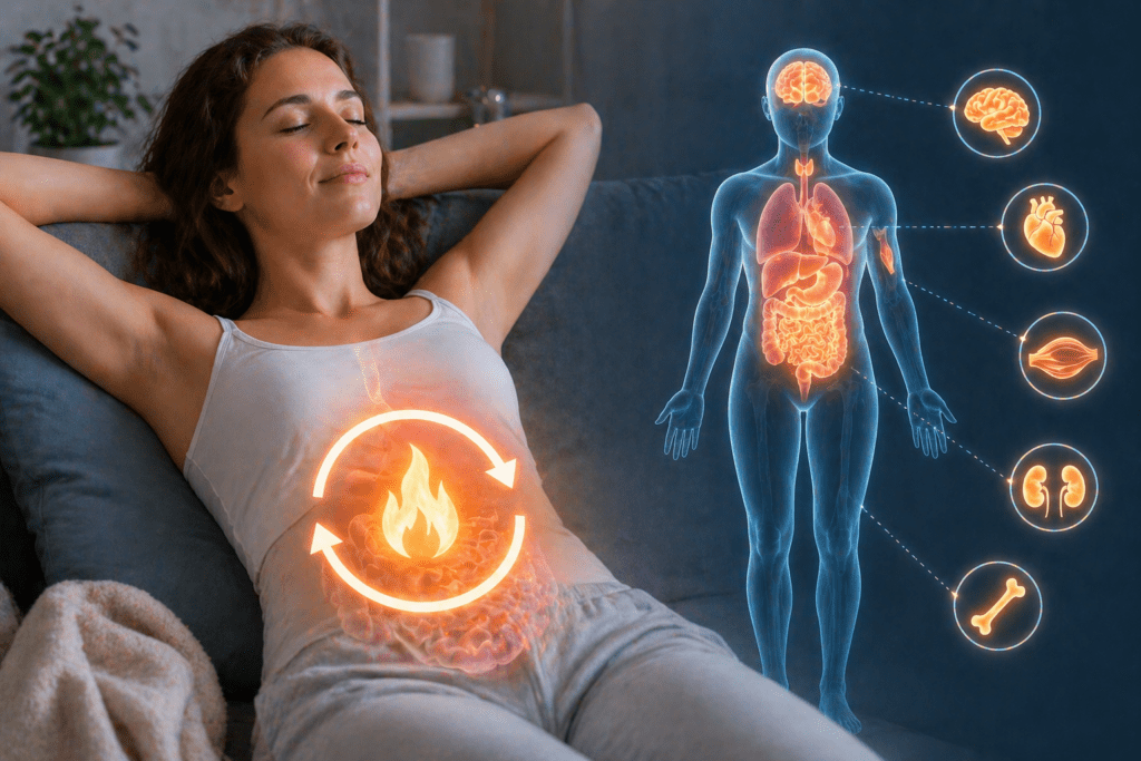 Frau im Ruhezustand mit visualisiertem Energieverbrauch des Körpers und inneren Organen