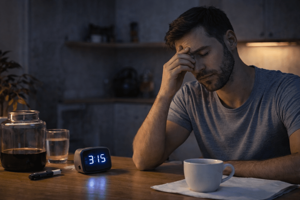 Müder Mann im Bett mit Symbolen für Schlafmangel und gestörten Blutzucker als Darstellung von Insulinresistenz