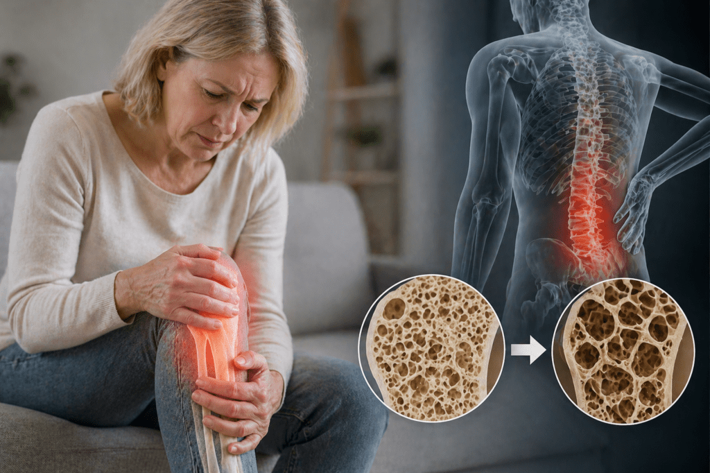 Frau mit Knieschmerzen und Darstellung von Knochenabbau als Folge von Vitamin-D-Mangel