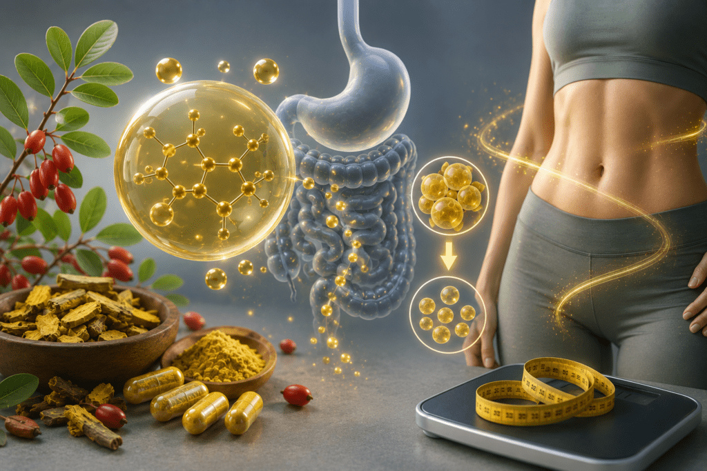 Realistische 3D-Illustration zu Berberin und Gewichtsverlust mit Pflanzenextrakt, Verdauungssystem, Fettzellen und sportlicher Körpermitte.