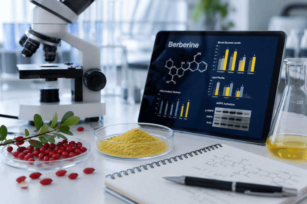 Modernes Labor mit Mikroskop, Berberitzenbeeren, gelbem Berberin-Pulver und digitaler Analyse auf einem Tablet zur wissenschaftlichen Untersuchung der Berberin-Wirkung.