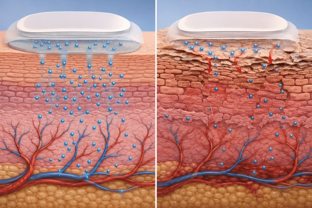 3D-Illustration einer transdermalen Wirkstoffabgabe durch die Haut mit Vergleich zwischen gesunder und geschädigter Hautbarriere.