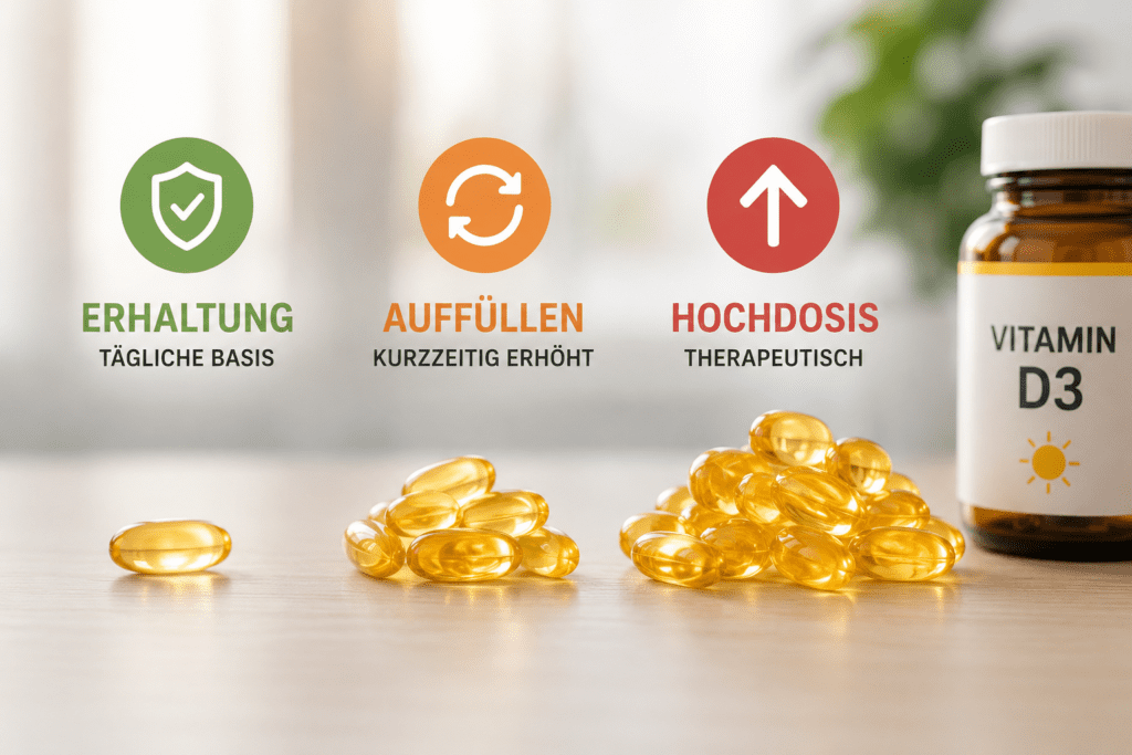 Vitamin-D-Kapseln und Dosierungsstufen für Erhaltung, Auffüllen und Hochdosis bei Vitamin D3