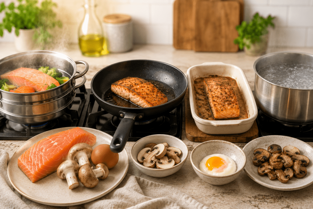 Verschiedene Zubereitungsarten von Vitamin-D-Lebensmitteln in der Küche