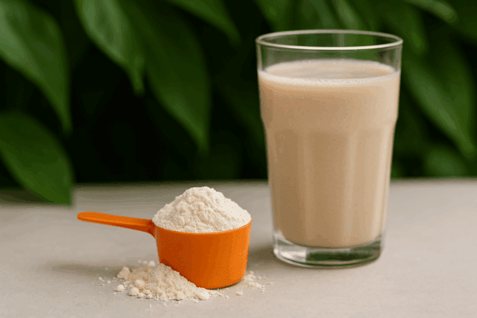 Glas mit Diätshake und Messlöffel Abnehmpulver