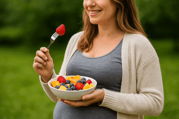 Schwangere Frau isst frischen Obstsalat im Freien