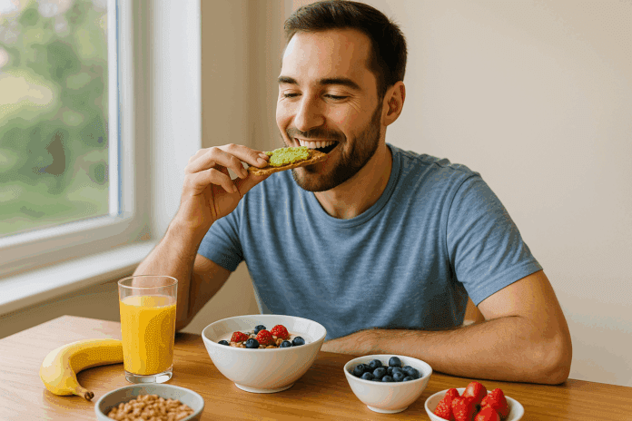 Mann isst gesundes Frühstück mit Vollkornbrot, Obst und Müsli