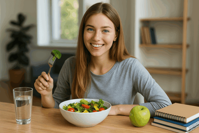 Studentin isst frischen Salat mit Brokkoli, Tomaten und Apfel