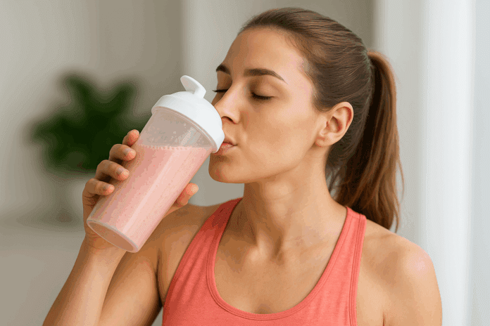 Frau trinkt Yokebe-Shake aus Shaker nach dem Training