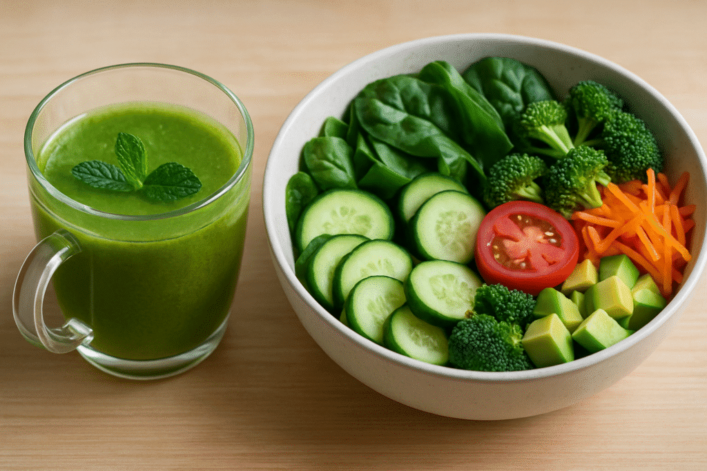 Ein Glas grüner Smoothie steht neben einer frischen Salat-Bowl mit Gurke, Spinat, Brokkoli und Tomaten auf einem hellen Holztisch.