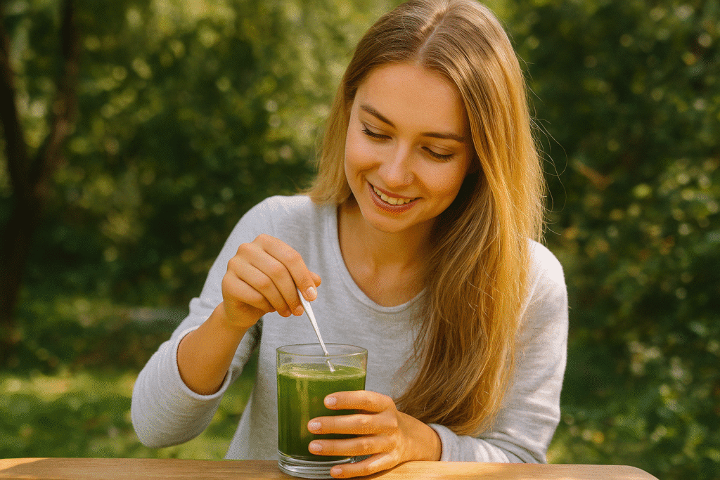 Junge Frau mit langen blonden Haaren rührt im Garten grünes Gerstengraspulver in ein Glas Wasser ein.