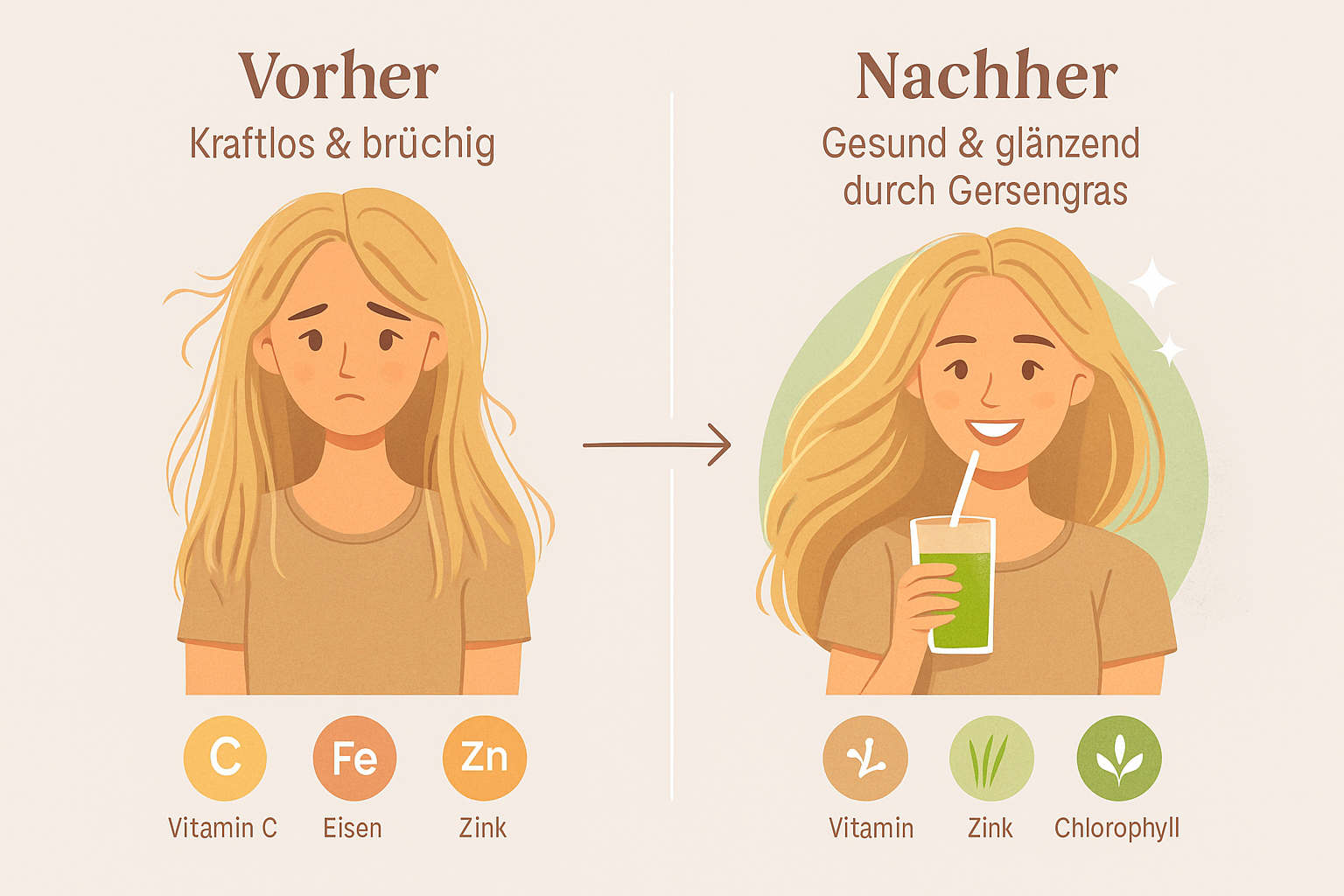 Infografik zeigt den Vorher-Nachher-Effekt von Gerstengras für Haare: links kraftlos und brüchig, rechts gesund und glänzend mit Gerstengrassaft.