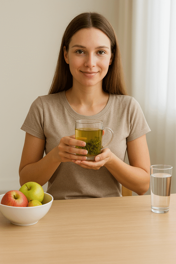 Junge Frau sitzt an einem Holztisch und hält eine Tasse Detox Tee in der Hand. Neben ihr liegen frisches Obst und ein Glas Wasser – Symbol für Achtsamkeit und gesunde Ernährung.