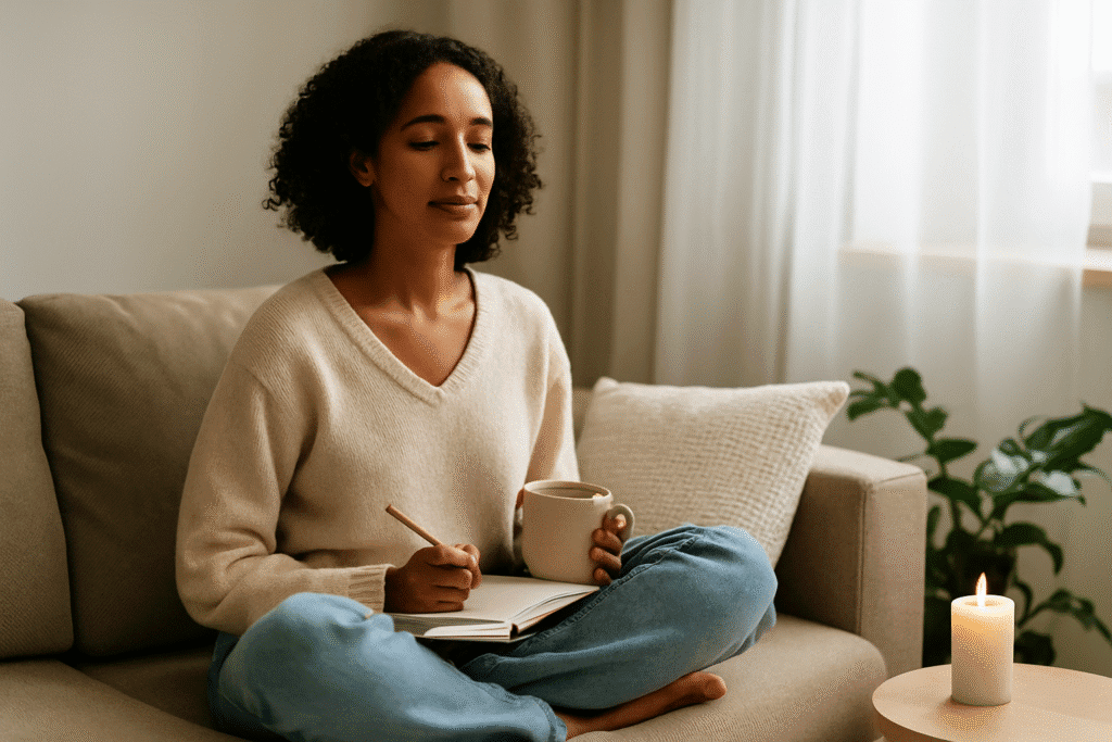 Frau sitzt entspannt auf dem Sofa, schreibt in ein Notizbuch und hält eine Tasse – ruhige Achtsamkeitsszene.