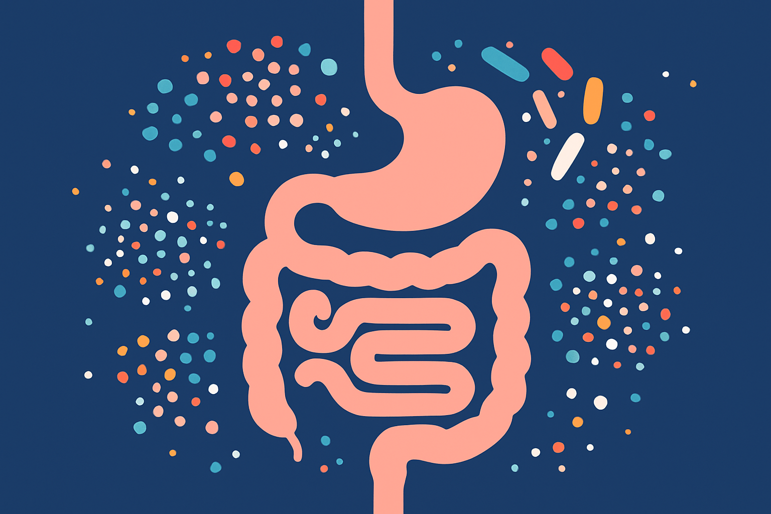 Grafische Illustration eines stilisierten Verdauungstrakts mit farbigen Punkten als Mikrobiom-Symbolik.