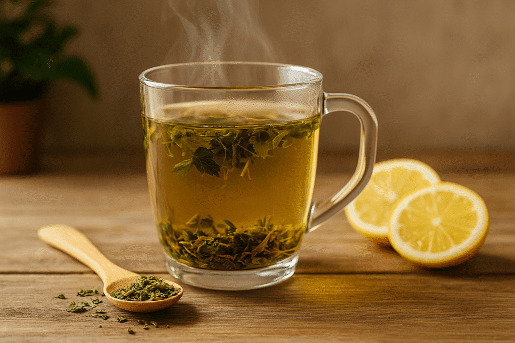 Heißer Detox Tee in einem Glasbecher mit frischen Kräutern, daneben Zitronenscheiben und ein Holzlöffel mit losen Kräutern auf Holztisch.