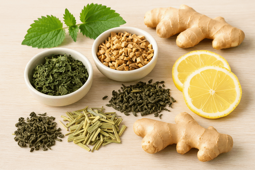 Zutaten für Detox Tee – getrocknete Kräuter, Ingwer, Zitronengras, grüner Tee, Brennnessel und Zitronenscheiben auf hellem Holztisch.