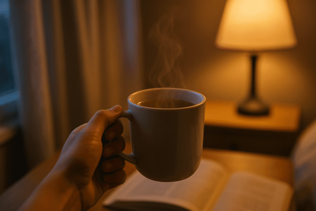 Hand hält eine dampfende Tasse Kräutertee im warmen Abendlicht.