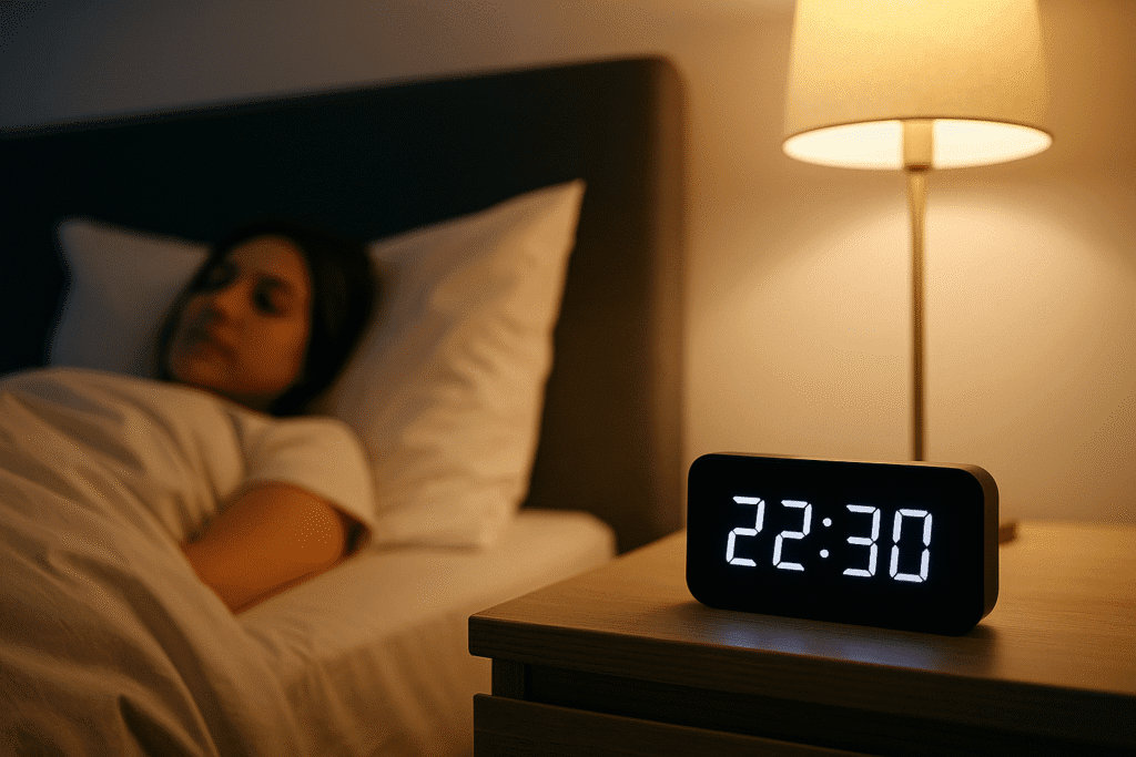 Aufgeräumtes Schlafzimmer mit Nachttisch, Uhr und warmem Licht, Person schläft ruhig.