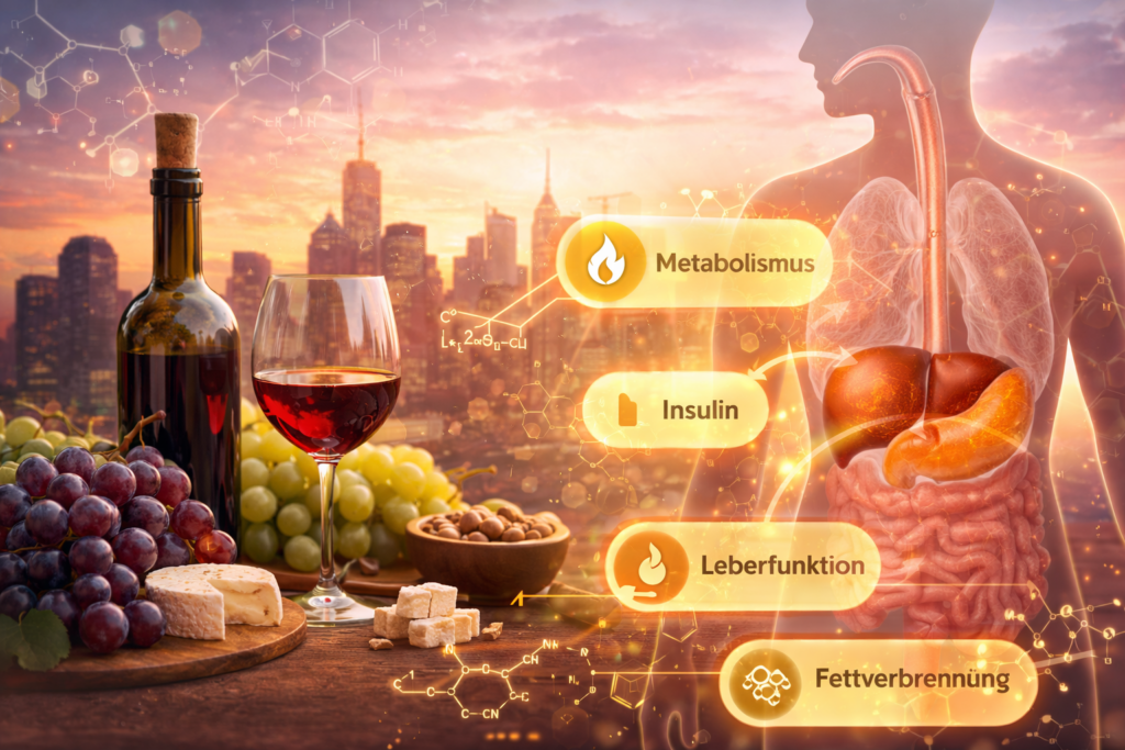 Grafische Darstellung von Wein und Stoffwechsel mit Fokus auf Leberfunktion, Fettverbrennung und Insulinregulation