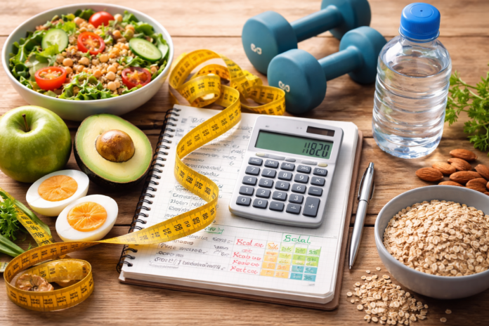 Grundumsatz berechnen mit Taschenrechner, Maßband und gesunder Ernährung auf Holztisch